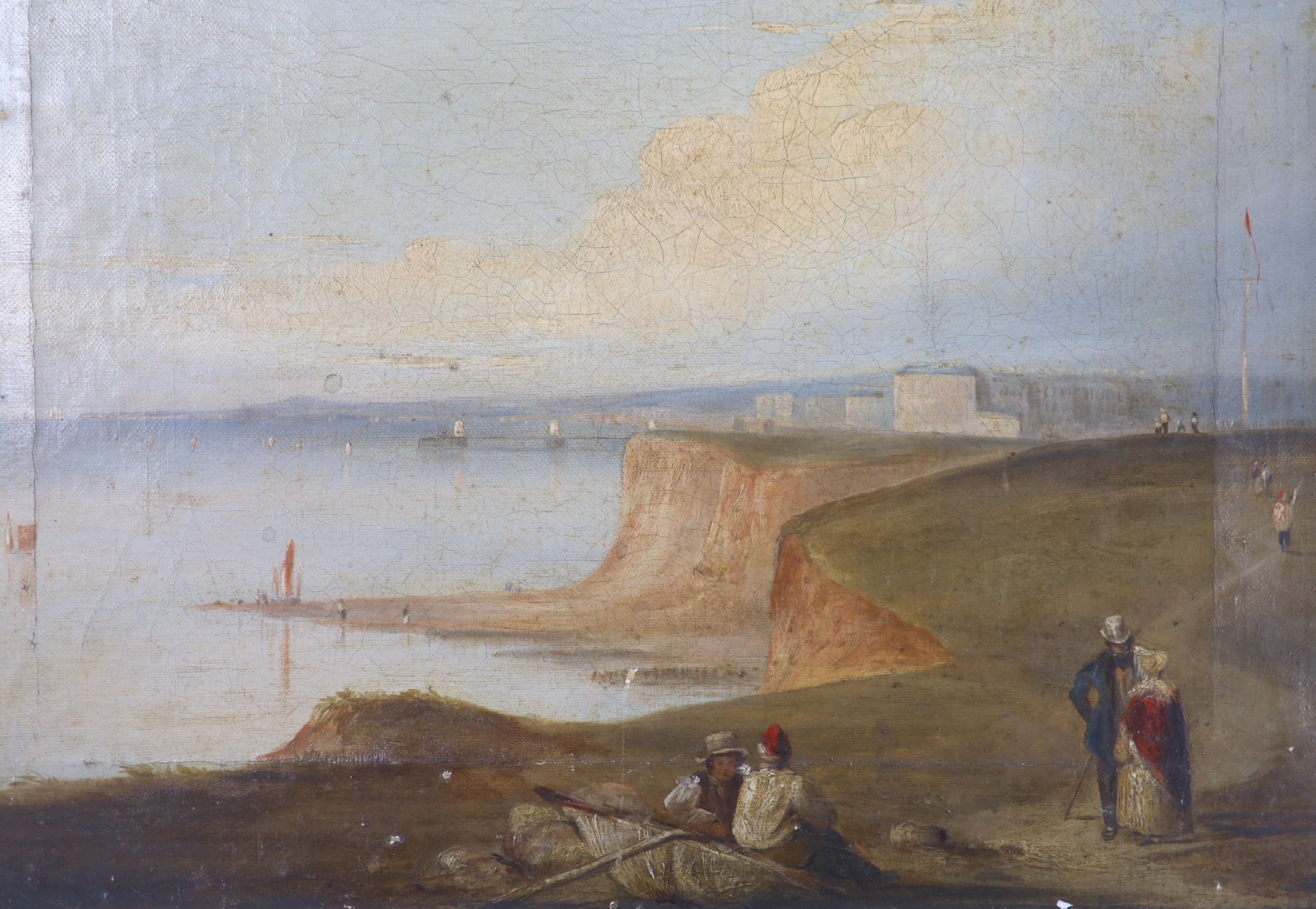 Attributed to William Daniell (1769-1837), oil on canvas, View along the coast towards Brighthelmston, with the Chain Pier, 28 x 36cm. unframed.